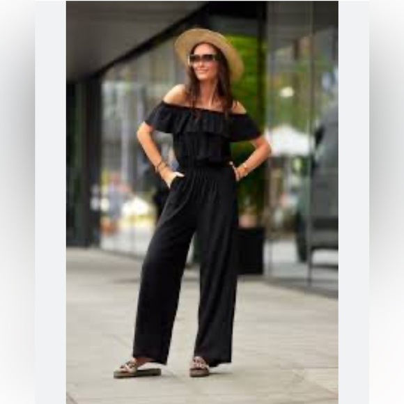 BELLAMIE Wide Leg Off Shoulder Black Jumpsuit - Picture 1 of 11